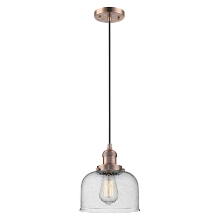 Innovations Lighting Large Bell Vintage Dimmable Led 8 Inch Antique Copper Mini Pendant With Seedy Glass, 527306 201C-AC-G74-LED